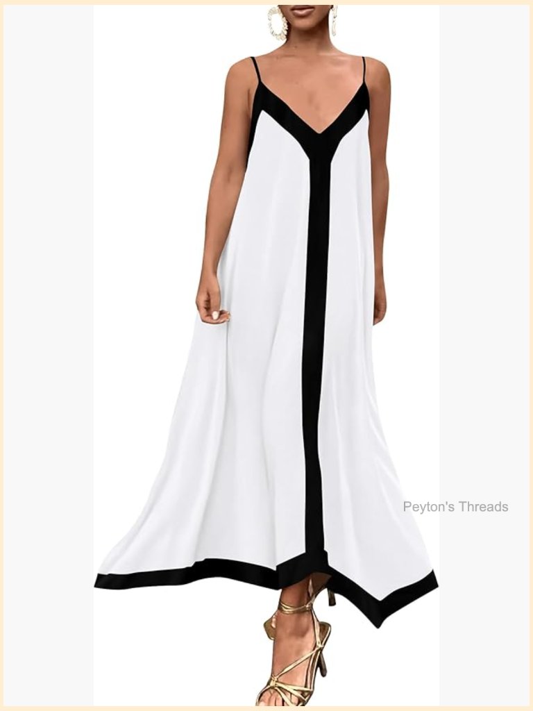 V Neck Spaghetti Strap Maxi Dress Sleeveless Flowy A-Line With Pockets